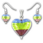 Murano Saphire Verde Amethyst Silver Lined Large Heart Set
