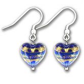 Murano Sapphire Gold Leaf Band Heart Earrings